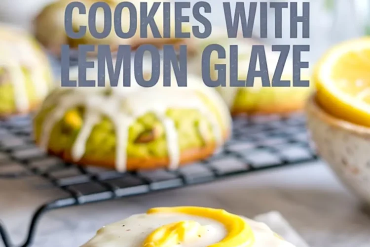Half-eaten pistachio ricotta cookie showing a soft green center, topped with glossy lemon glaze, with more cookies blurred in the background on a cooling rack.