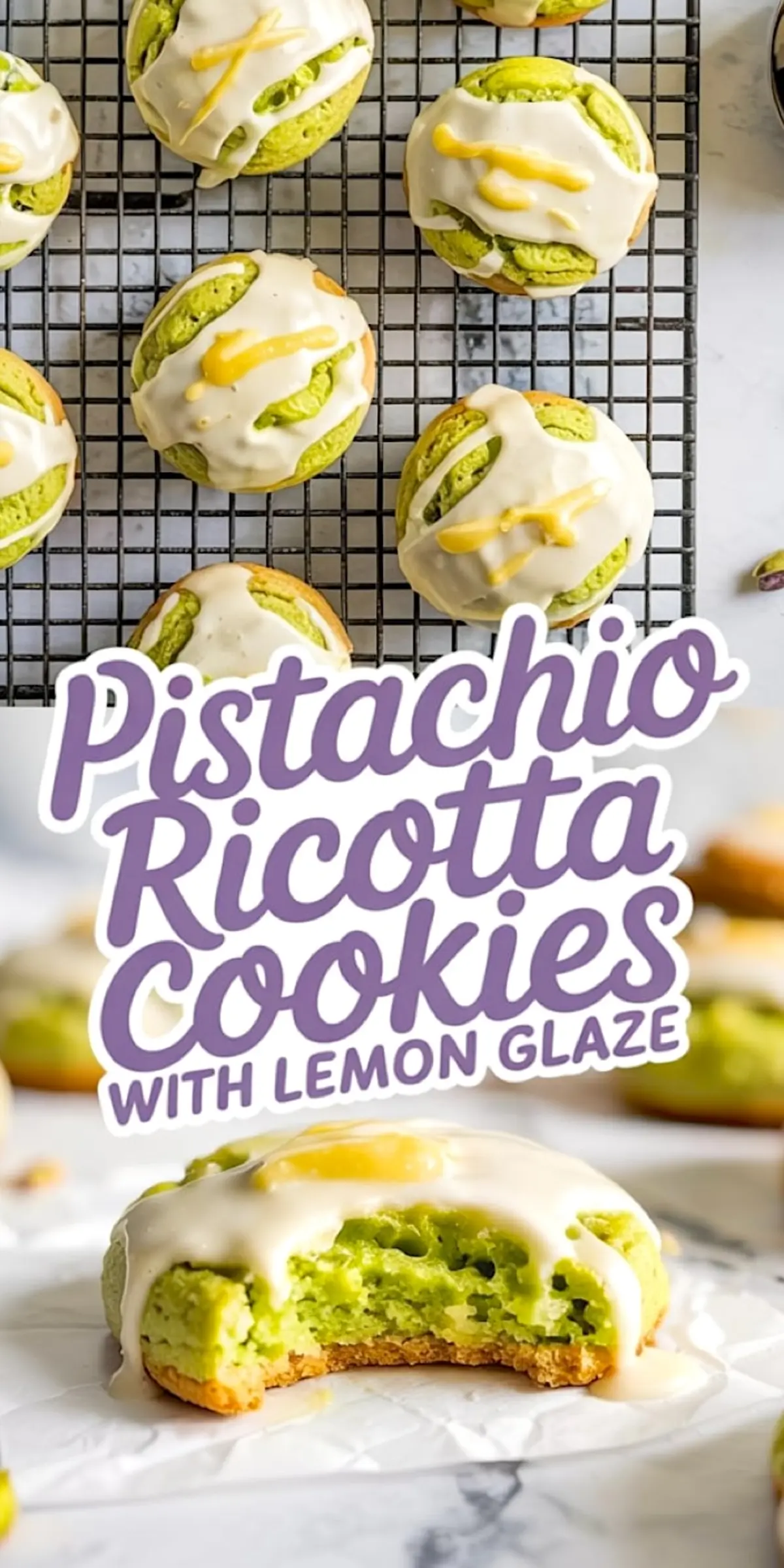 Round pistachio ricotta cookies with a bright green interior, topped with white icing and drizzled lemon glaze, cooling on a wire rack.