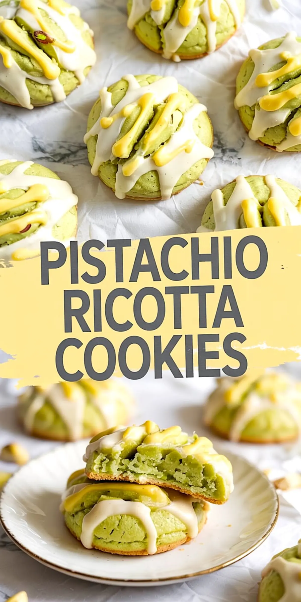 Overhead view of iced pistachio ricotta cookies arranged on parchment paper, with a close-up of a stacked and halved cookie on a plate in the foreground.