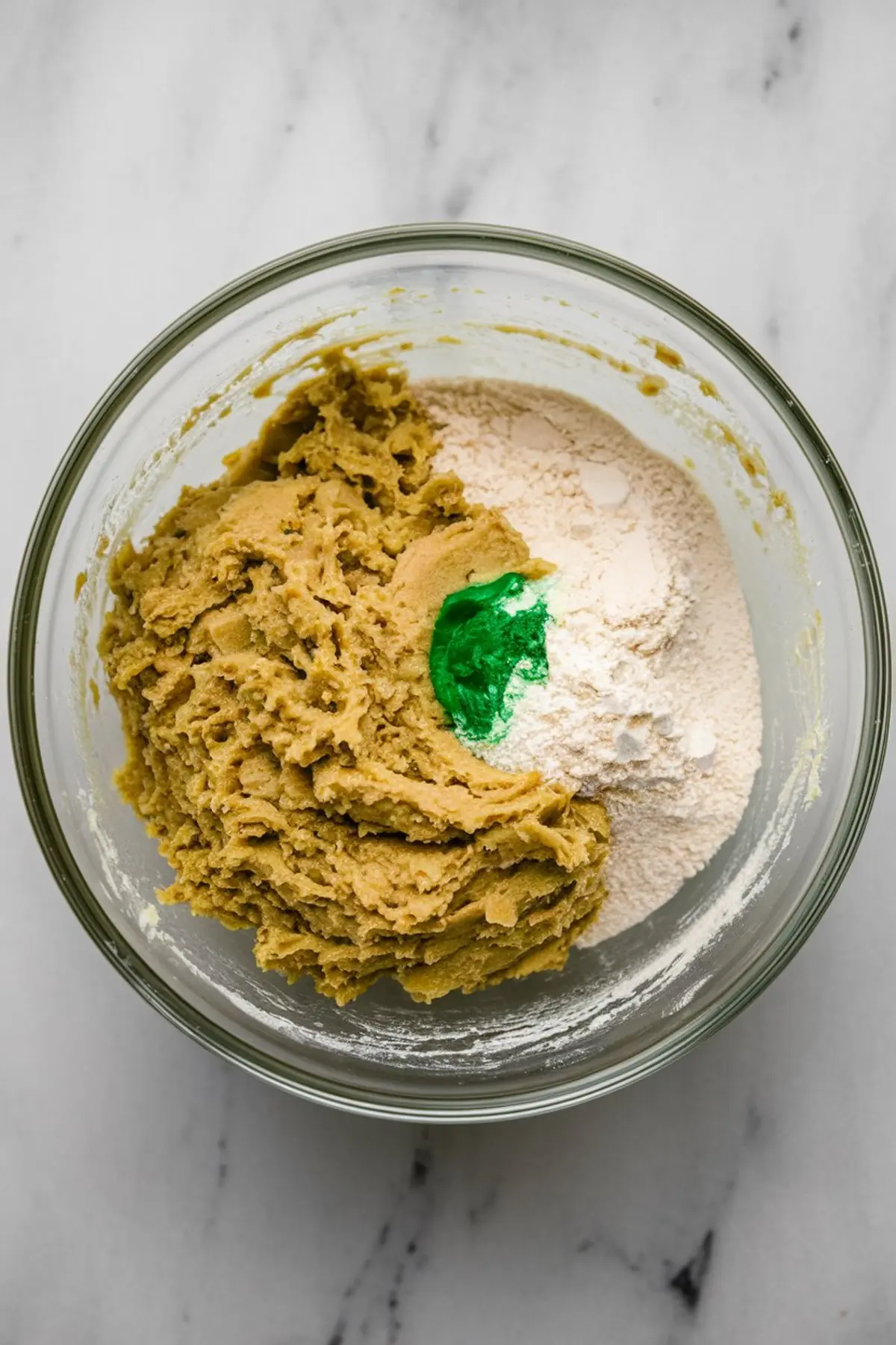 Cookie dough in a mixing bowl with flour and a vibrant green gel food coloring before blending for pistachio ricotta cookies.
