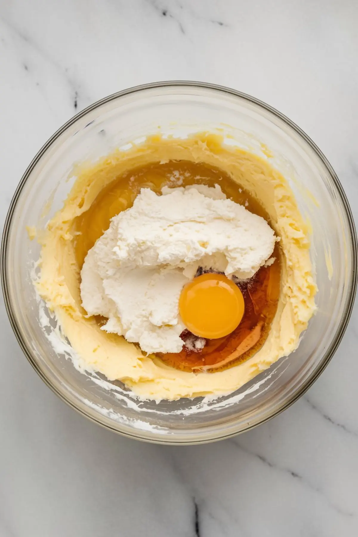 Mixing bowl containing egg, ricotta cheese, sugar, and vanilla extract partially blended into butter for pistachio cookie batter.