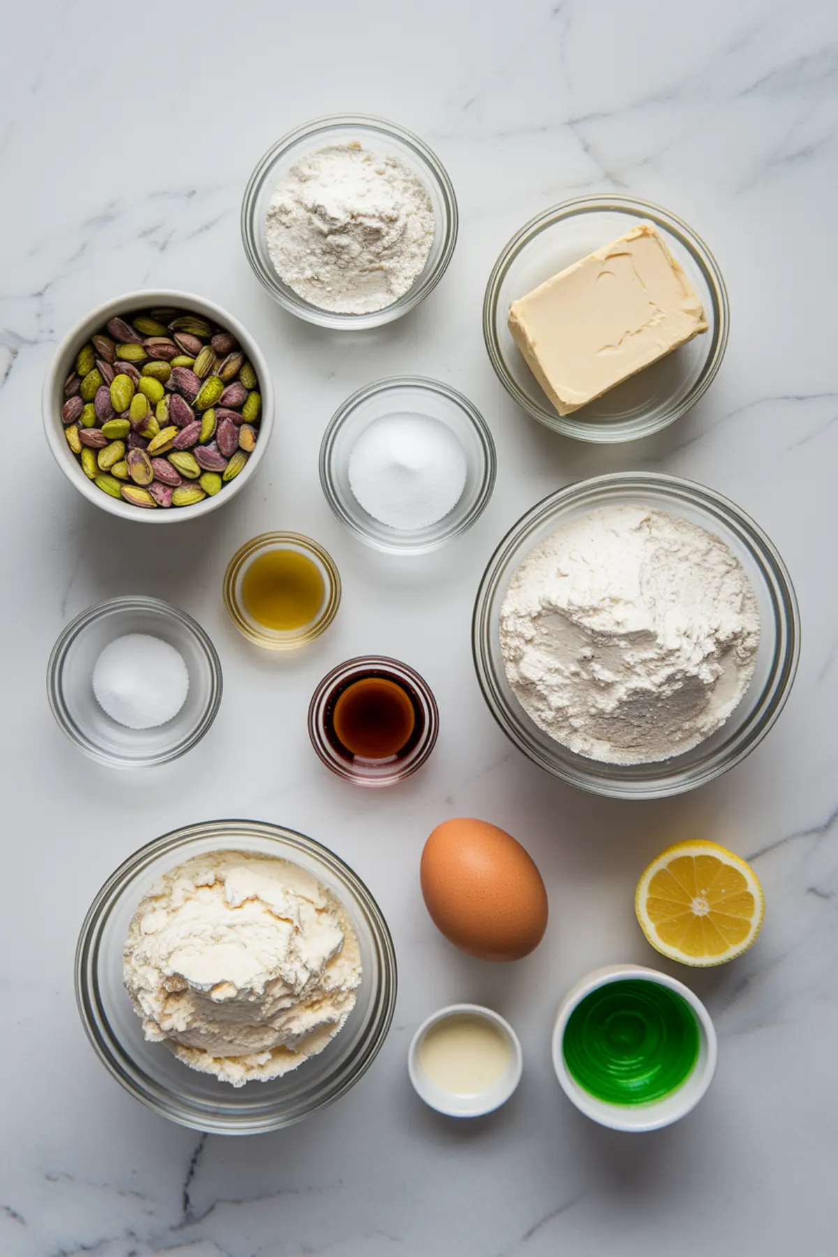 Flat lay of pistachio ricotta cookie ingredients, including flour, sugar, butter, egg, ricotta, pistachios, lemon, vanilla, and green food coloring.