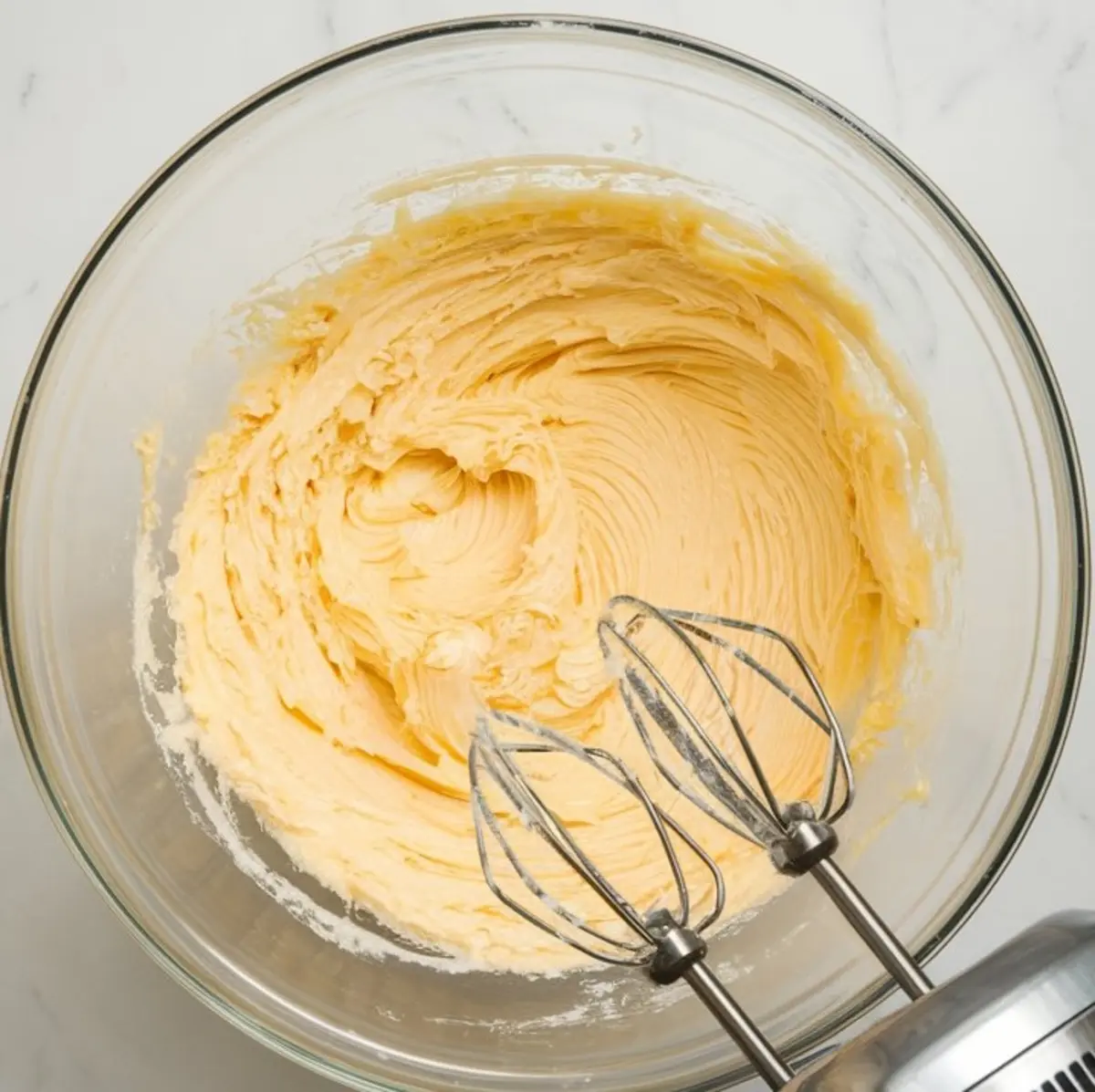 Glass mixing bowl filled with whipped butter and sugar mixture, with electric beaters partially visible, showing a creamy cookie dough in progress.