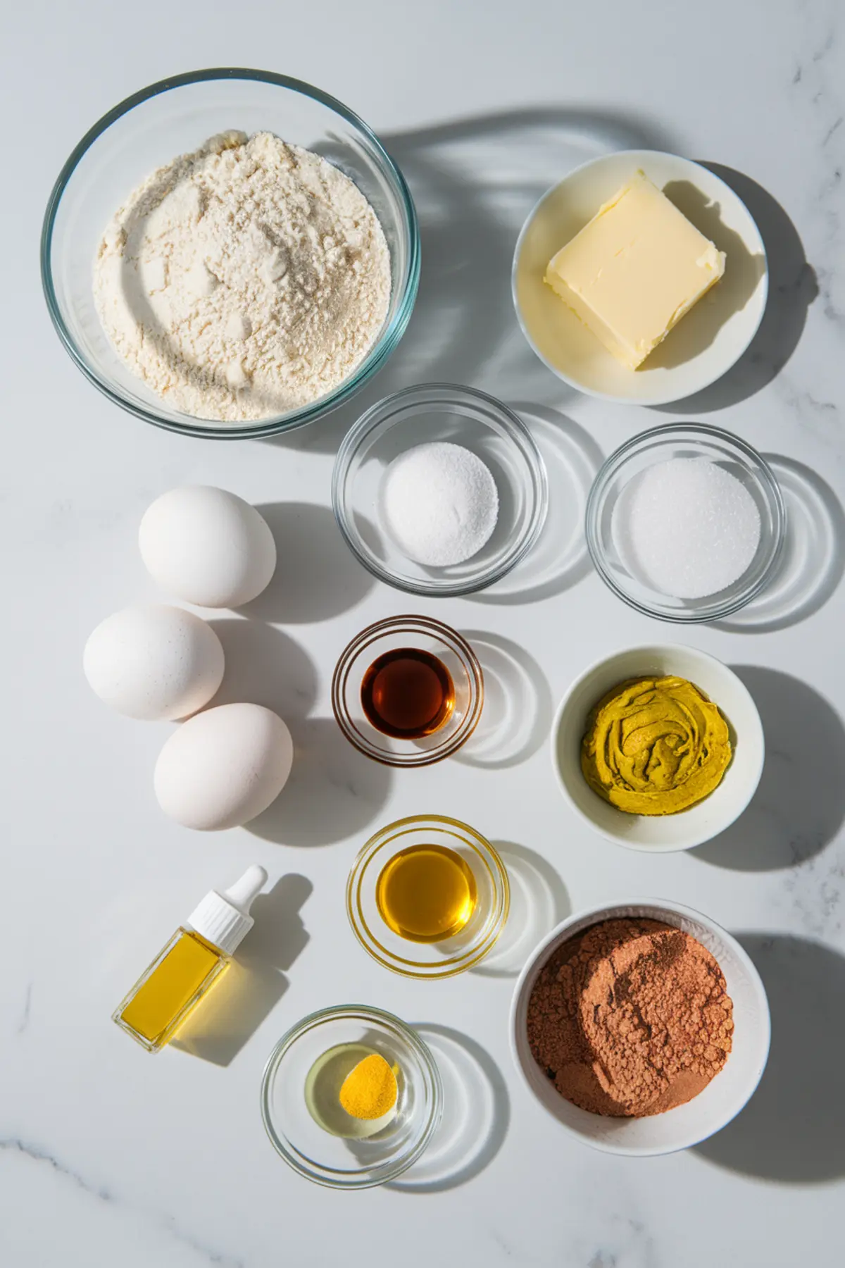 Flat lay of baking ingredients on a marble surface, including flour, eggs, butter, sugar, vanilla, cocoa powder, pistachio paste, oil, and yellow food coloring, ready for making pistachio chocolate cookies.
