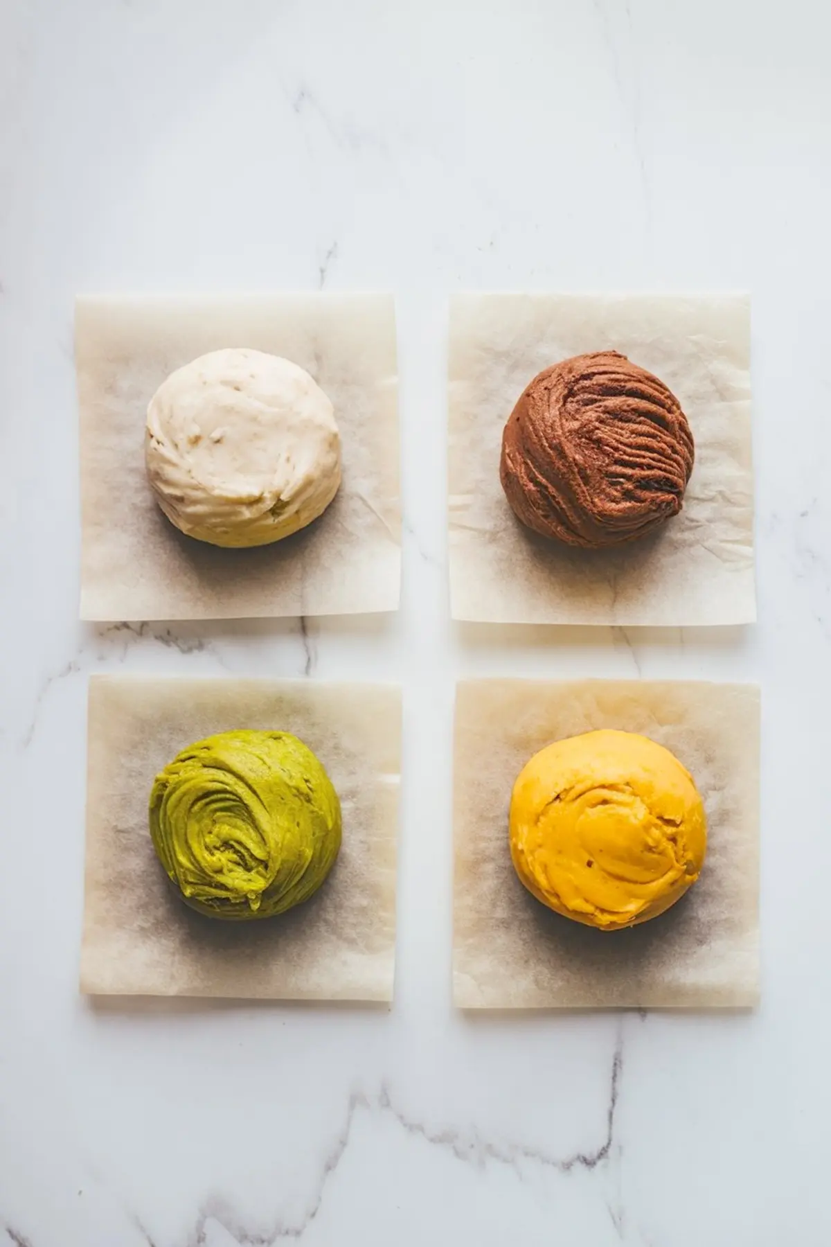 Overhead view of four balls of colored cookie dough—vanilla, chocolate, pistachio green, and turmeric yellow—each placed on a square of parchment paper.
