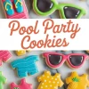 Collage displaying colorful pool party cookies, including pink and green sunglasses, blue swim trunks, flip-flops, and romper-shaped cookies with polka dots and pineapple decorations.