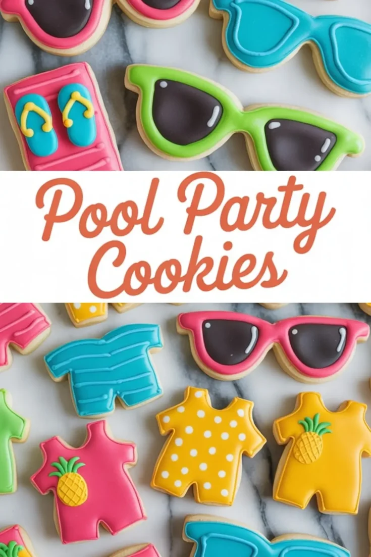 Collage displaying colorful pool party cookies, including pink and green sunglasses, blue swim trunks, flip-flops, and romper-shaped cookies with polka dots and pineapple decorations.