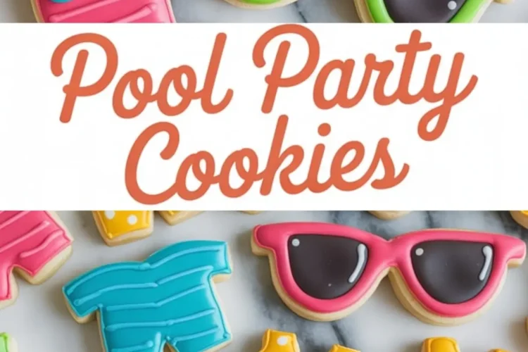 Collage displaying colorful pool party cookies, including pink and green sunglasses, blue swim trunks, flip-flops, and romper-shaped cookies with polka dots and pineapple decorations.