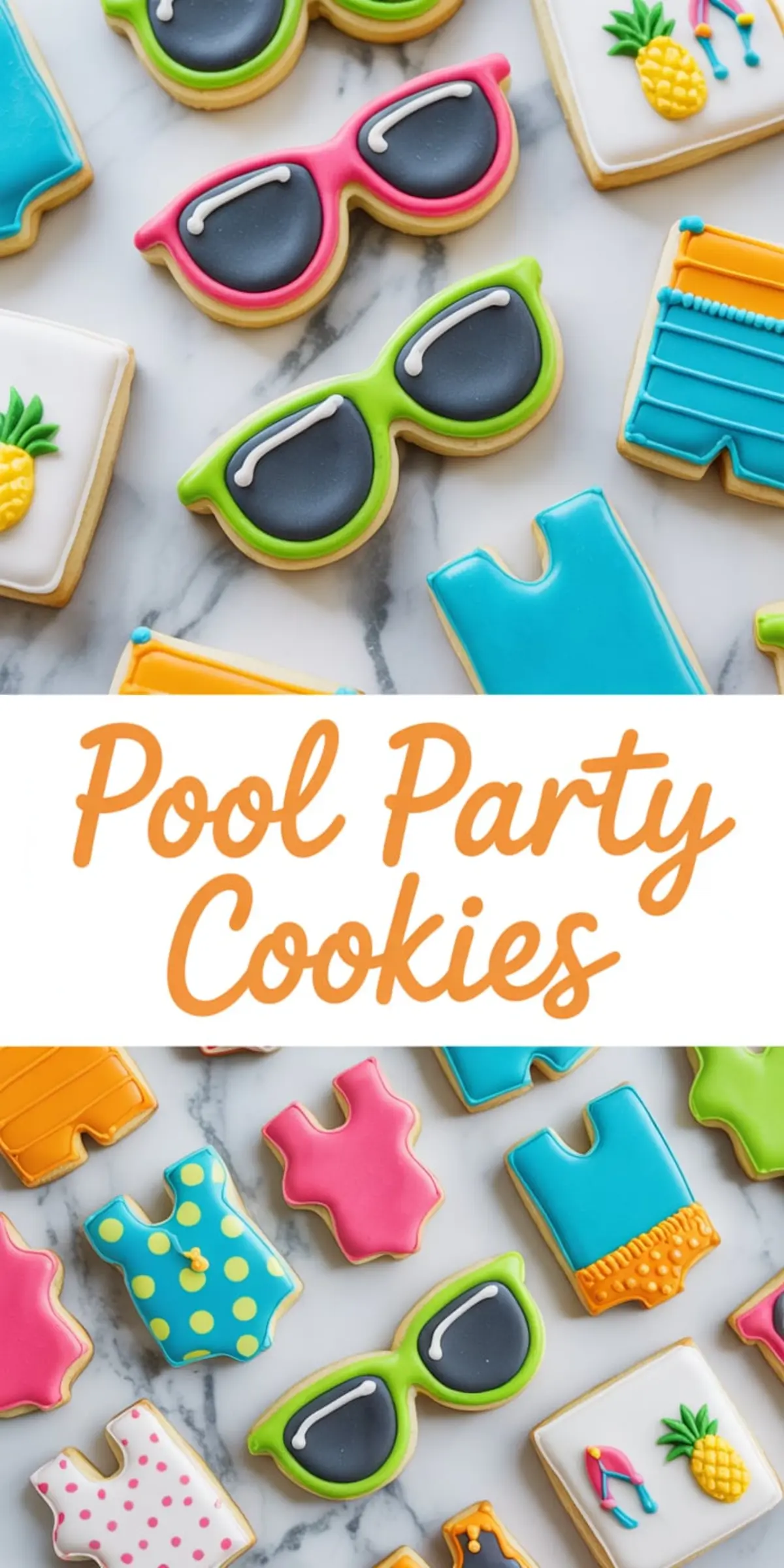 Collage featuring decorated sugar cookies shaped like sunglasses, swimsuits, swim trunks, pineapples, and beach towels, all iced in vibrant summer colors for a pool party theme.
