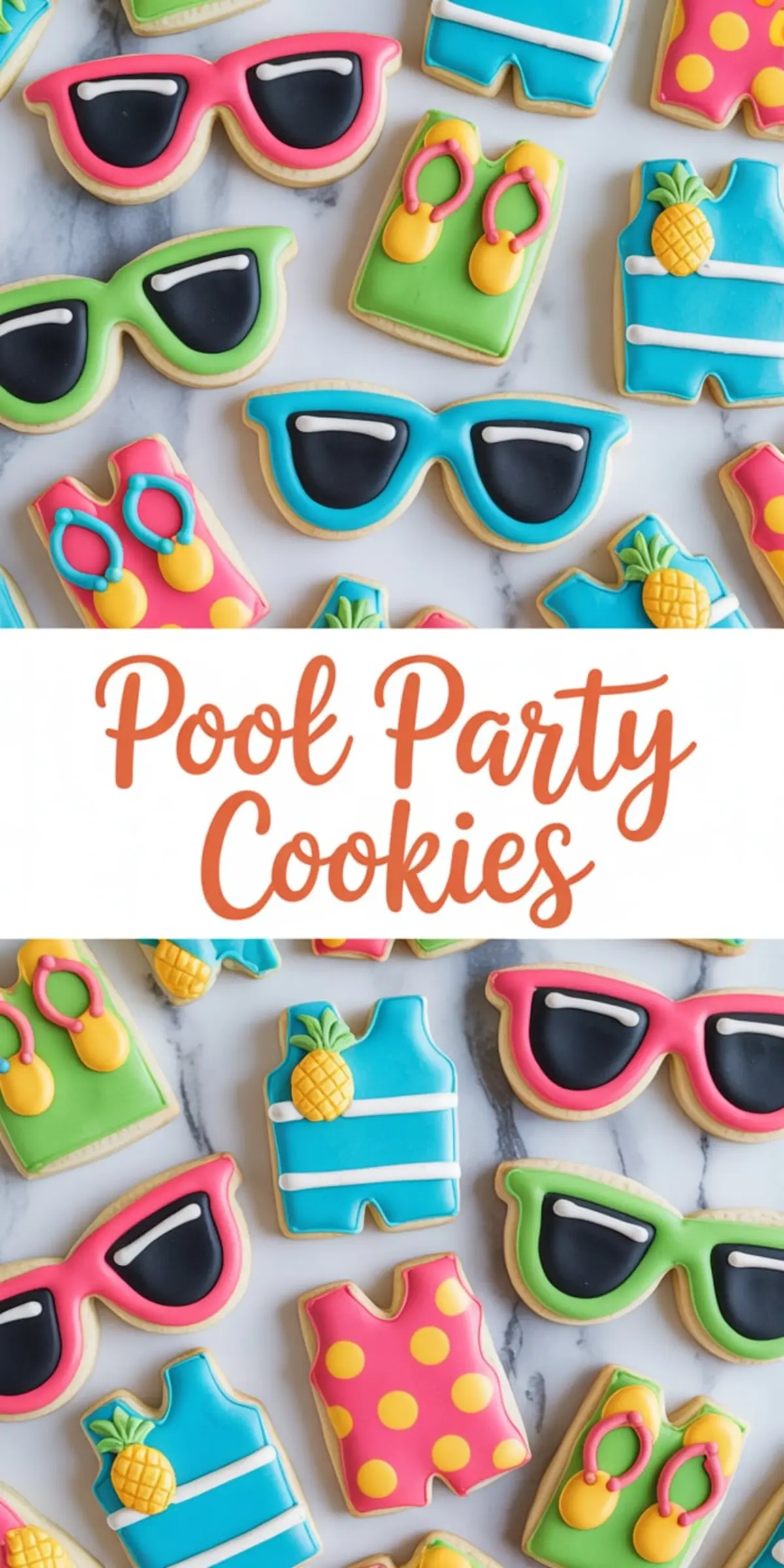 Collage of bright summer sugar cookies decorated with royal icing in the shapes of sunglasses, shorts, flip-flops, and swimsuits, all with tropical and playful pool party designs.
