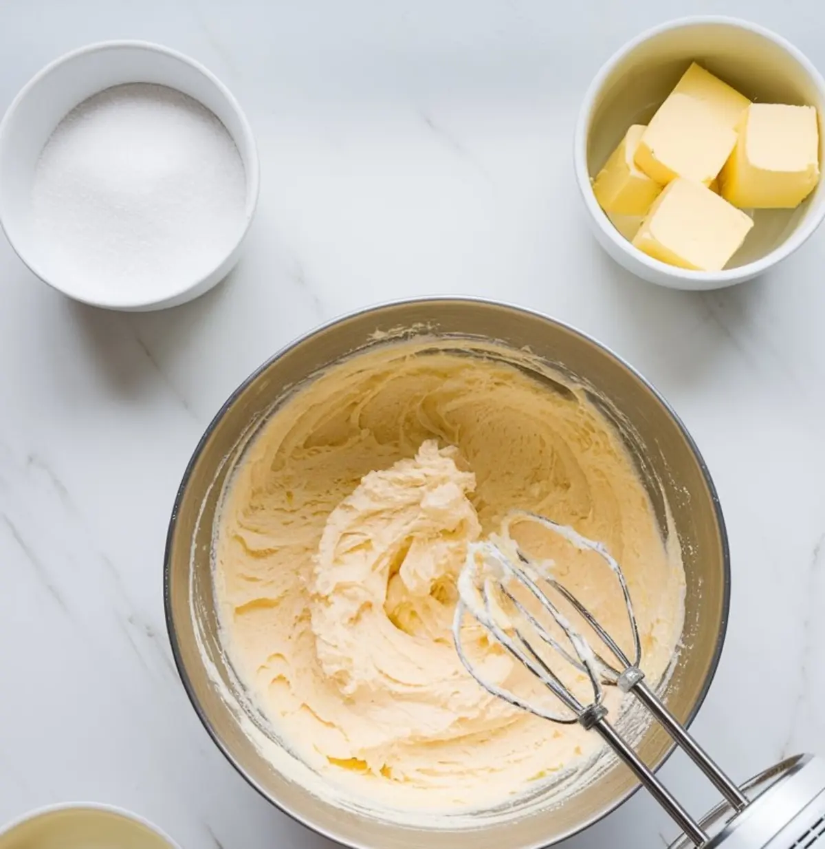 Mixing bowl filled with creamed butter and sugar next to smaller bowls of cubed butter and granulated sugar, arranged on a white marble surface.
