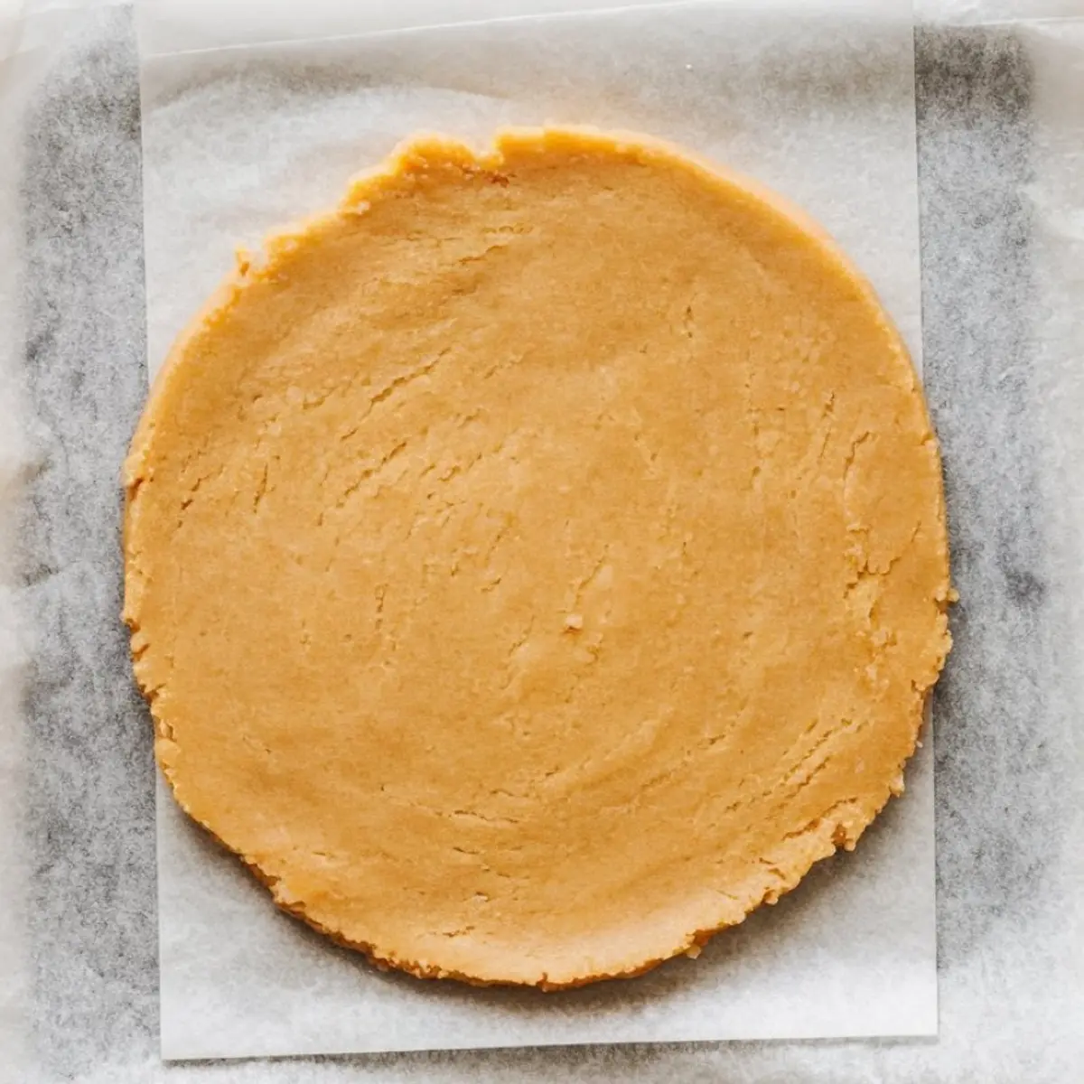 Flattened disc of sugar cookie dough placed between sheets of parchment paper, ready for chilling or rolling out on a marble background.
