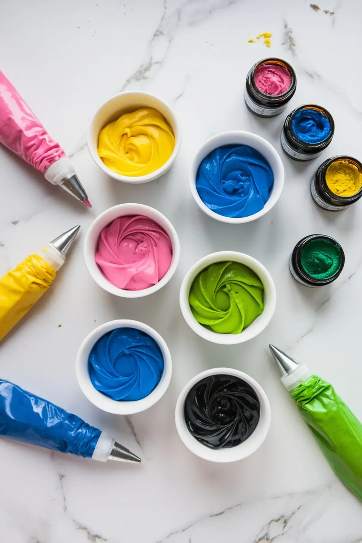 Assortment of piping bags and bowls filled with pink, yellow, blue, green, and black royal icing next to jars of gel food coloring on a white surface, prepared for cookie decorating.