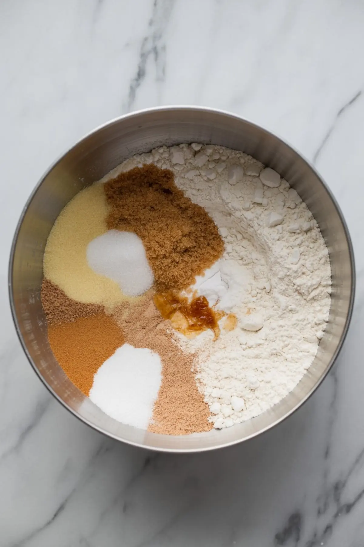  Overhead view of dry ingredients for pumpkin bread in a metal bowl, including flour, sugars, spices, baking soda, and vanilla, before mixing.