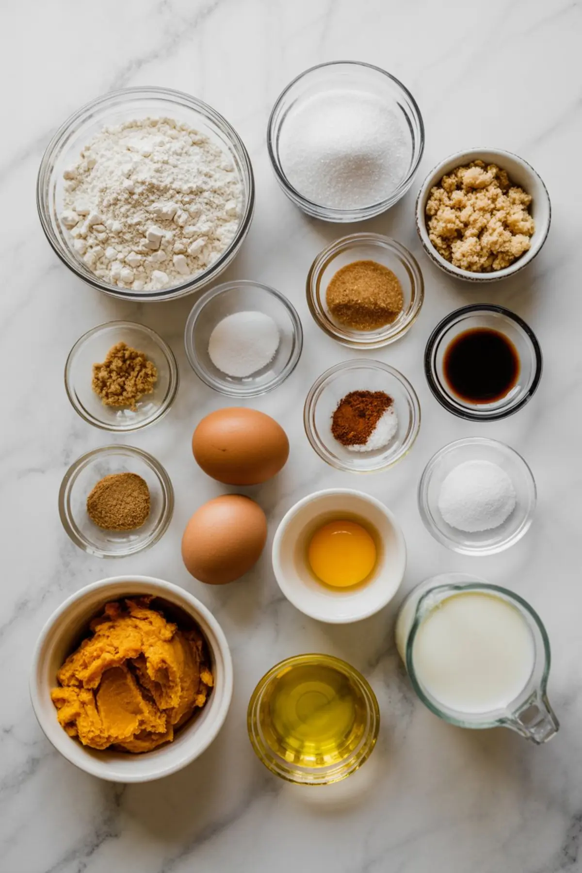 Flat lay of pumpkin bread ingredients on a marble countertop, including flour, sugar, brown sugar, eggs, canned pumpkin, oil, milk, baking powder, spices, vanilla extract, and salt arranged in small bowls and ramekins.