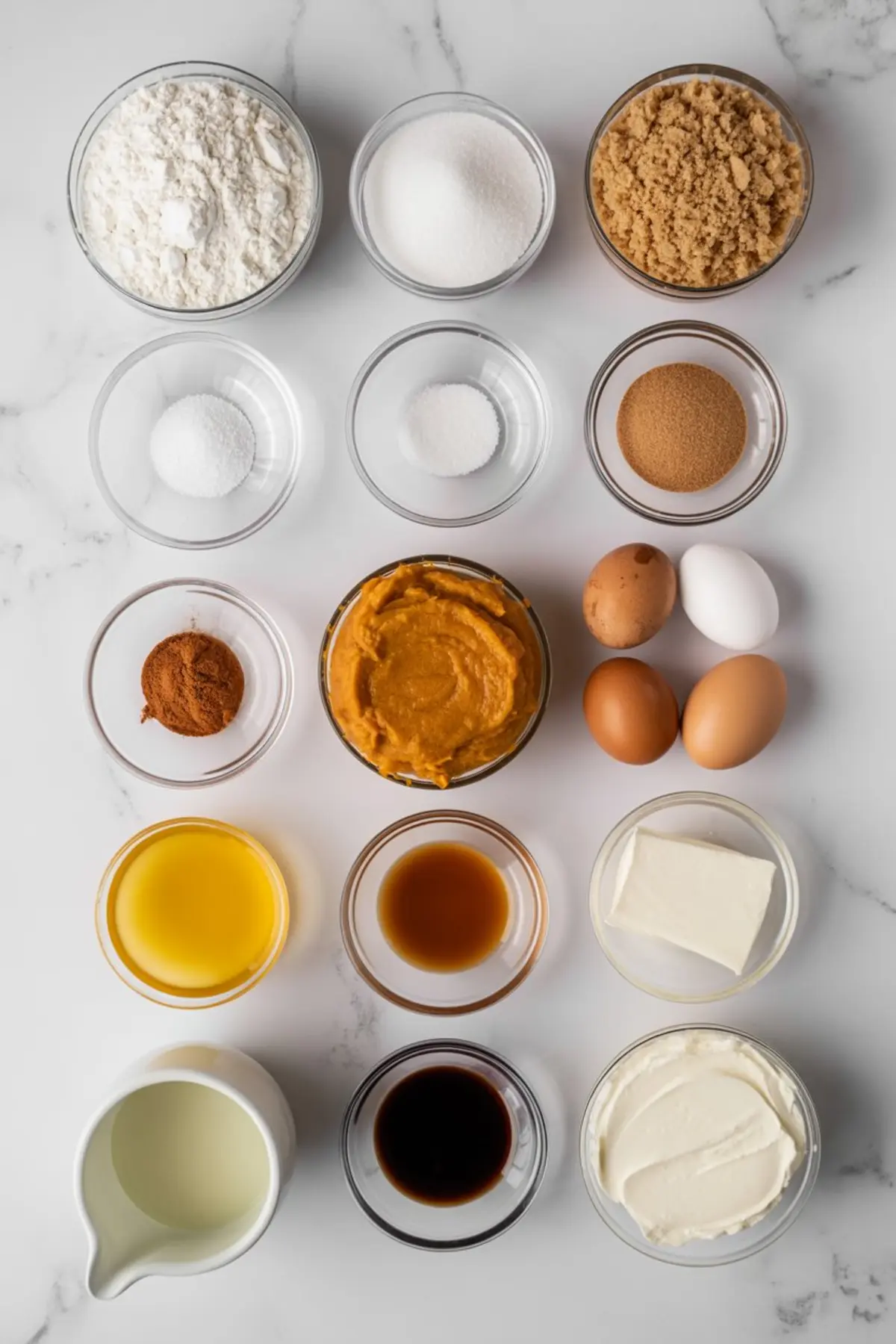 Flat lay of pumpkin cream cheese muffin ingredients on marble, including flour, sugar, brown sugar, eggs, pumpkin purée, cream cheese, oil, vanilla, spices, and leavening agents.
