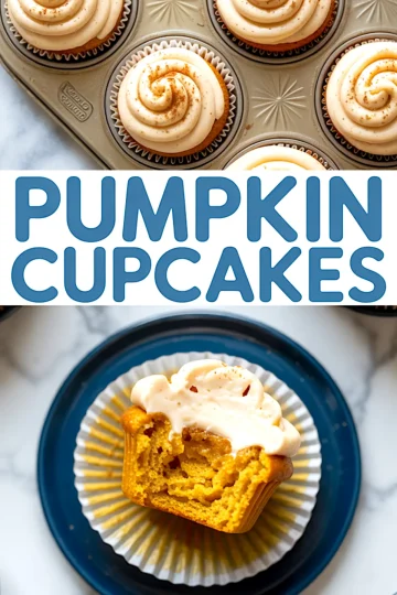 Collage featuring frosted pumpkin cupcakes in a pan and a half-eaten cupcake with fluffy frosting on a blue plate, with bold “Pumpkin Cupcakes” text in the center.