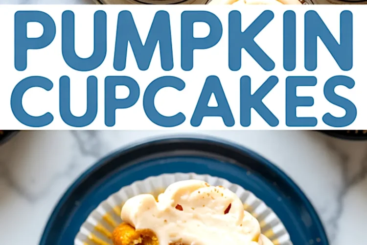 Collage featuring frosted pumpkin cupcakes in a pan and a half-eaten cupcake with fluffy frosting on a blue plate, with bold “Pumpkin Cupcakes” text in the center.