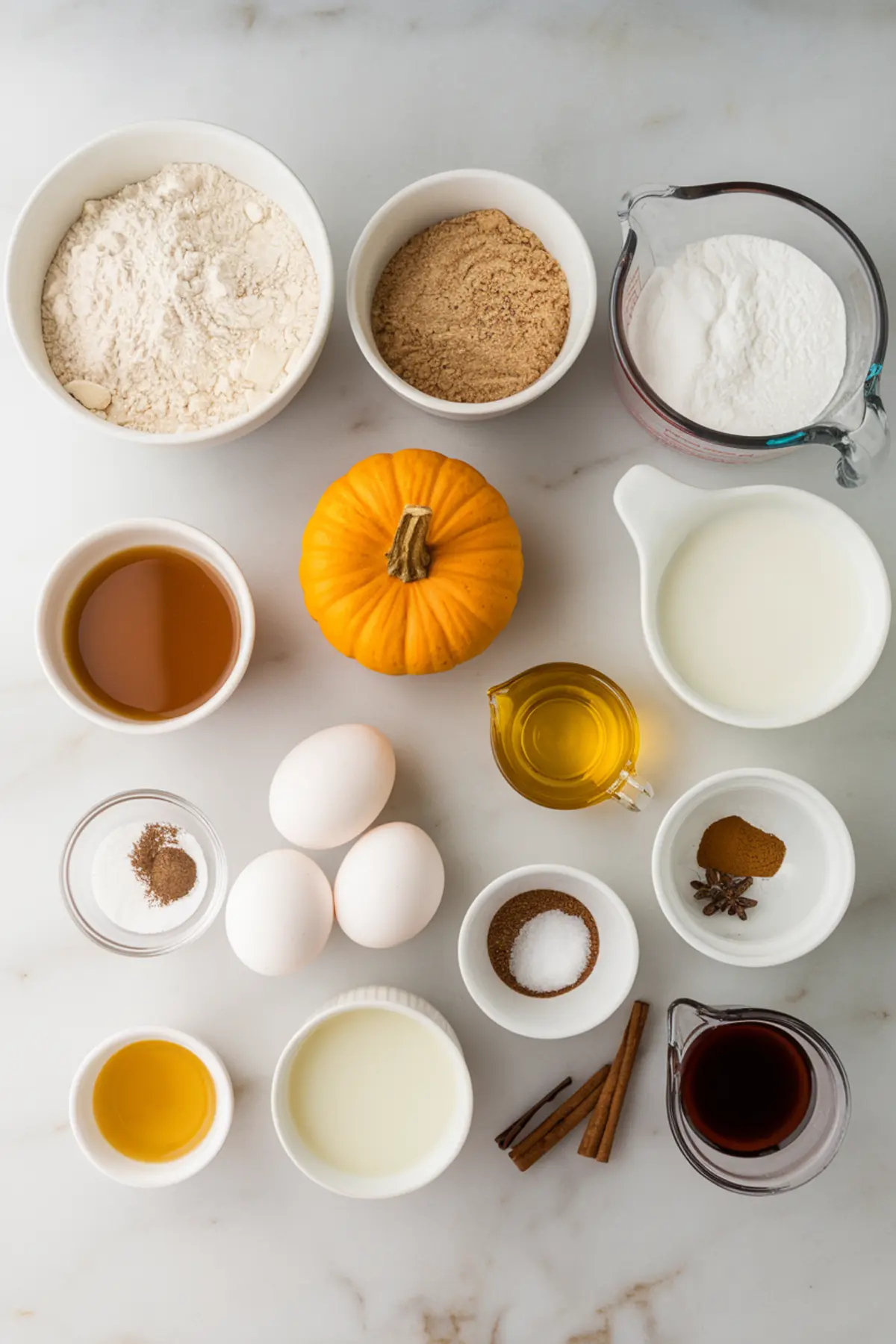Flat lay of ingredients for pumpkin cupcakes including a small pumpkin, flour, sugar, eggs, milk, oil, spices, vanilla, and maple syrup arranged on a marble counter.
