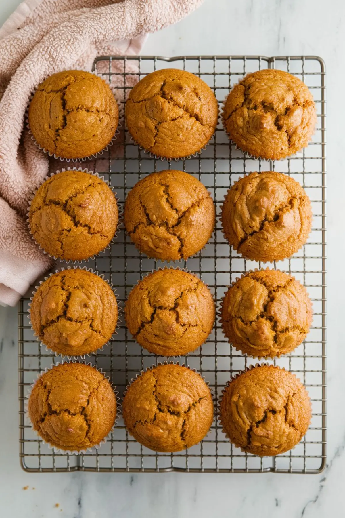 Overhead view of twelve freshly baked pumpkin muffins with golden-brown tops, cooling on a wire rack with a pink towel on a white marble surface.