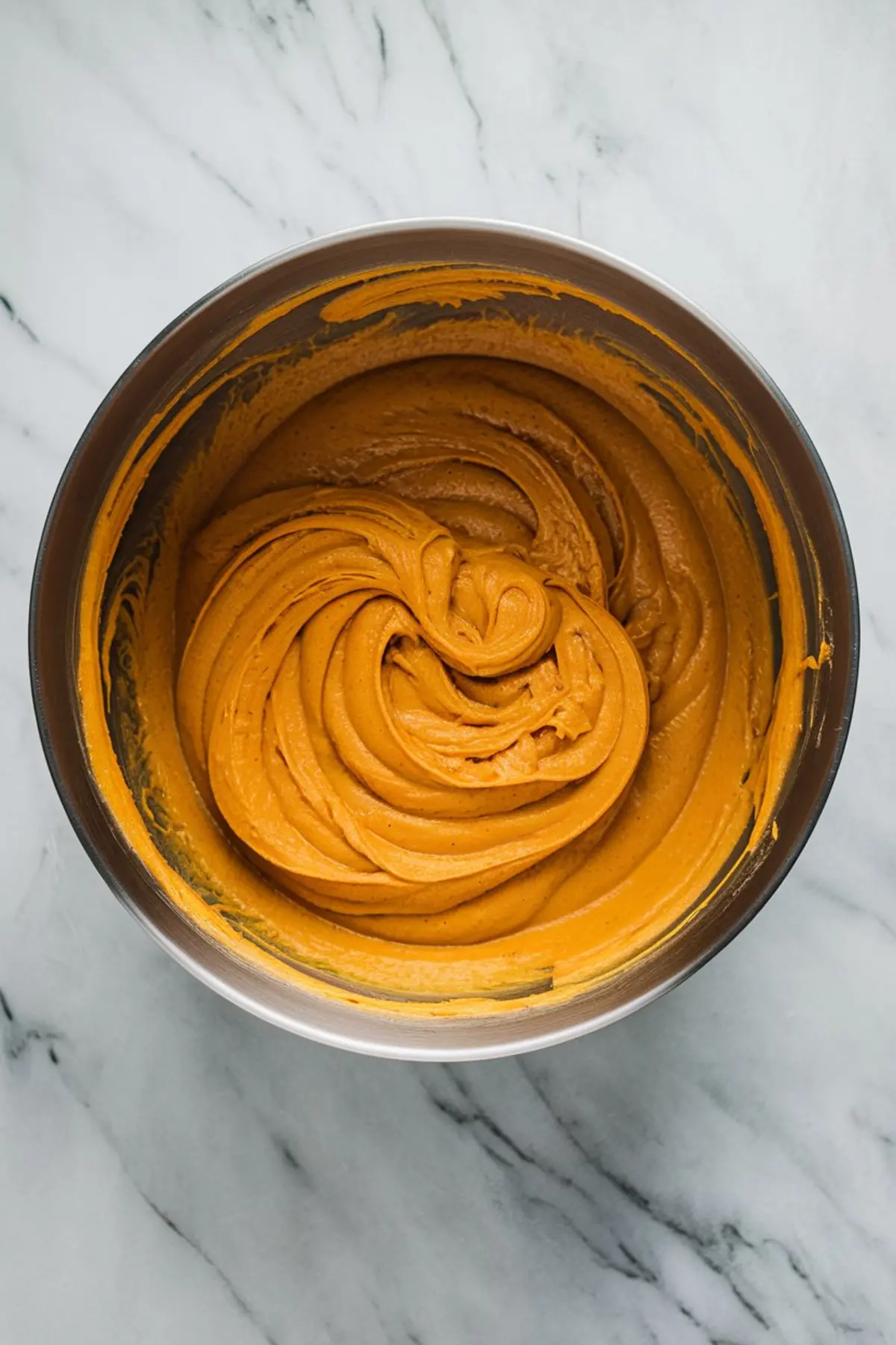 Thick, creamy pumpkin cupcake batter swirled in a stainless steel mixing bowl, set on a white marble background.