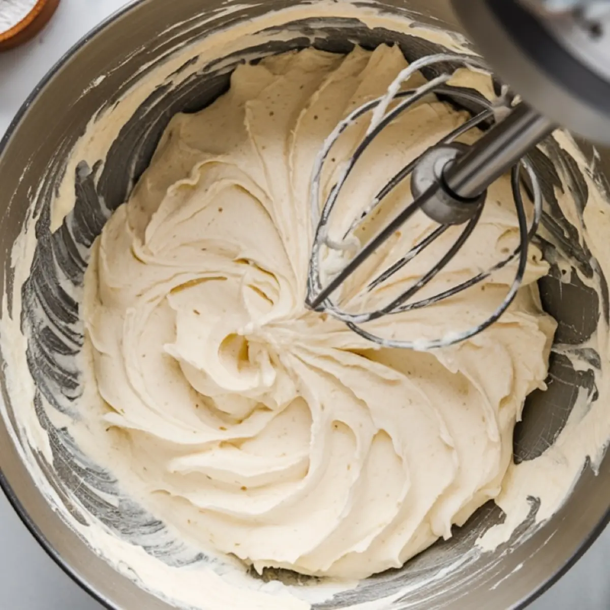 Smooth vanilla buttercream frosting whipped in a metal bowl with a stand mixer whisk, perfect for topping cupcakes or cakes.