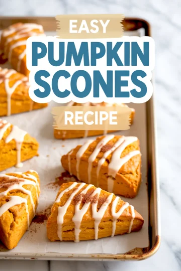 Freshly baked pumpkin scones on a parchment-lined baking sheet, topped with white icing drizzle and a sprinkle of cinnamon, with bold text reading "Easy Pumpkin Scones Recipe."
