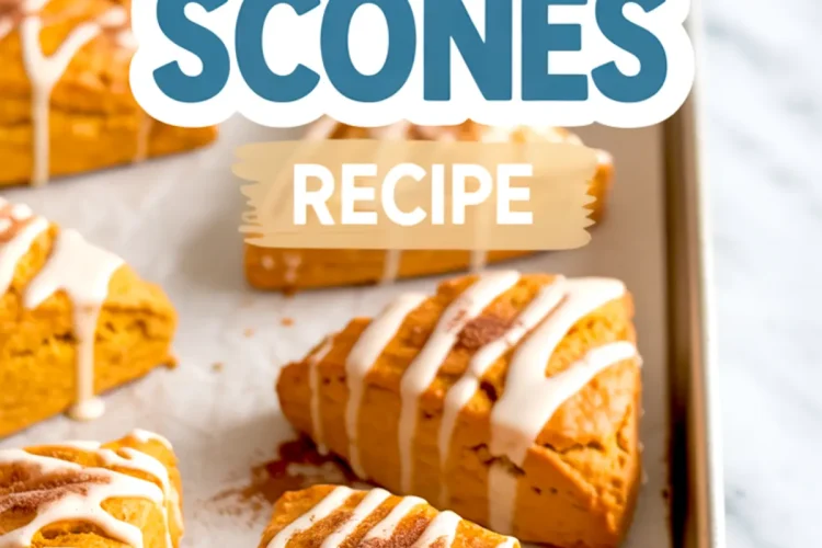 Freshly baked pumpkin scones on a parchment-lined baking sheet, topped with white icing drizzle and a sprinkle of cinnamon, with bold text reading "Easy Pumpkin Scones Recipe."