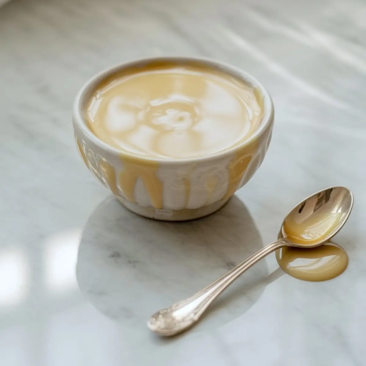 Creamy condensed milk in a white ceramic bowl with golden drips on the sides, accompanied by a spoon resting on a marble countertop with a small milk spill.