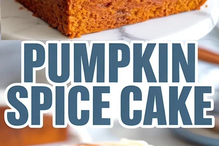 Collage image showing two slices of pumpkin spice cake topped with cream cheese frosting and sprinkled cinnamon; the top slice is displayed on a marble cake stand, while the bottom slice sits on a blue plate, with bold text “Pumpkin Spice Cake” centered between the images.