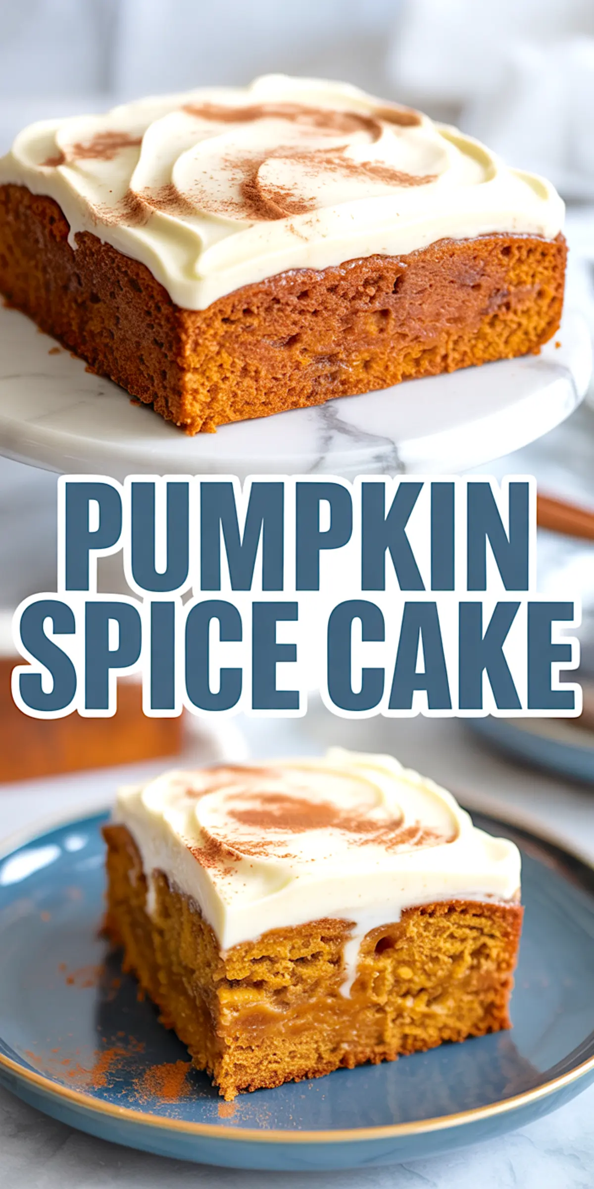 Collage of two slices of pumpkin spice cake topped with cream cheese frosting and dusted with cinnamon, showing a moist orange-hued crumb and soft texture.