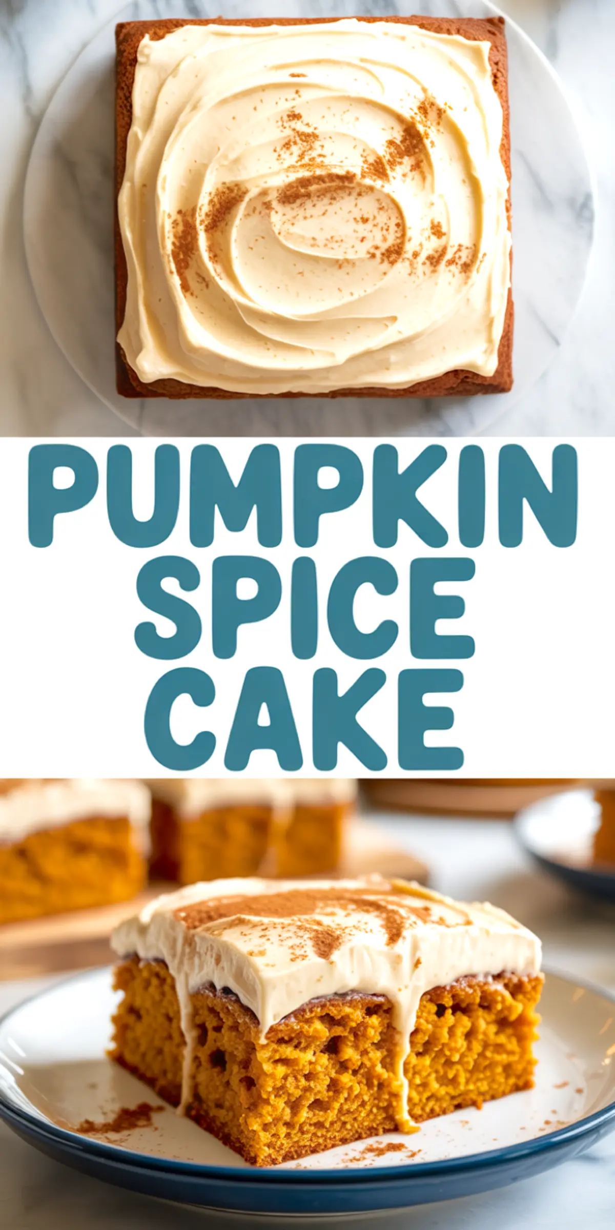 Collage of a whole frosted pumpkin cake and a slice with melting cream cheese frosting on a plate, dusted with cinnamon and showing a fluffy interior.