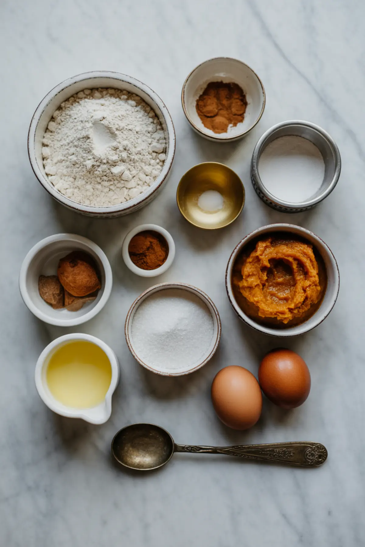Flat lay of pumpkin spice cake ingredients including flour, sugar, eggs, oil, pumpkin puree, and warm spices, arranged on a marble surface.