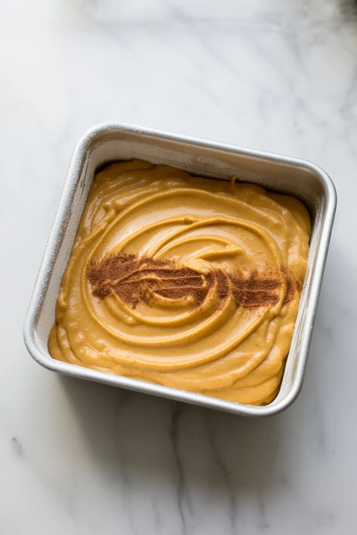 Square baking pan filled with swirled pumpkin cake batter, topped with a line of cinnamon before baking, ready to go into the oven.