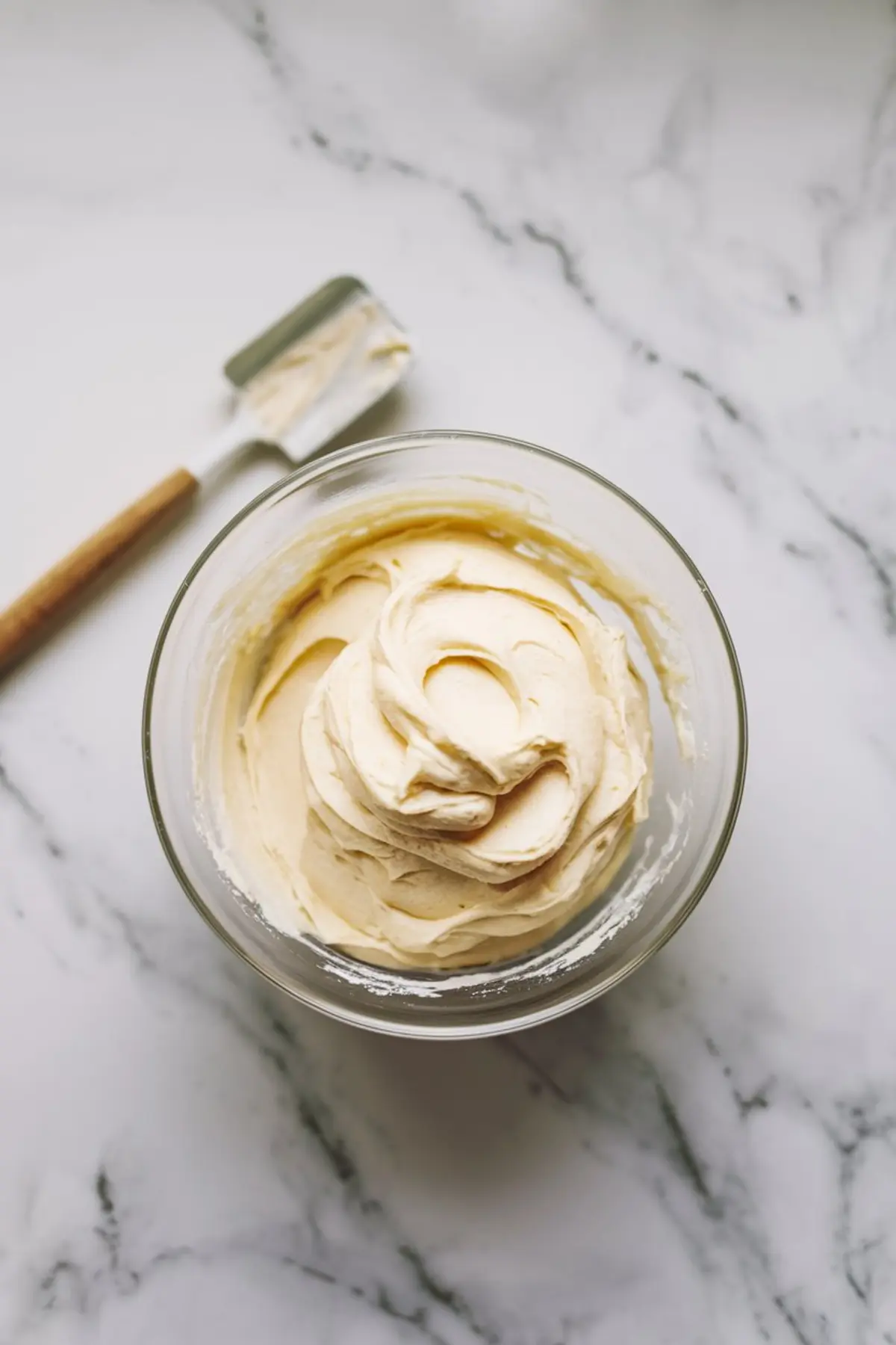 Bowl of whipped cream cheese frosting with a spatula on a marble countertop, showcasing a smooth, fluffy texture ready for spreading on cakes or cupcakes.