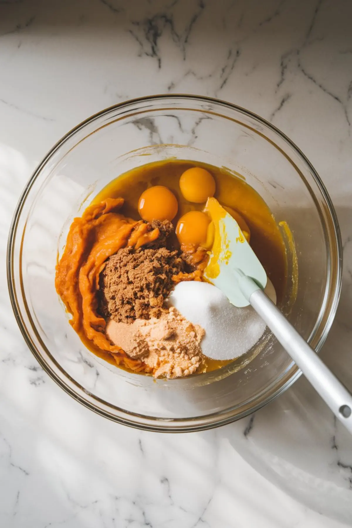 Mixing bowl with pumpkin puree, brown sugar, white sugar, eggs, and spices, showing the start of a pumpkin spice cake batter preparation.