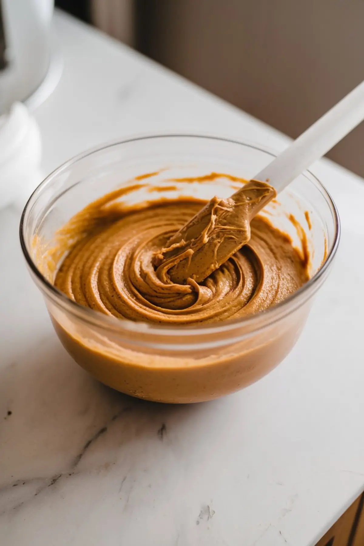 Glass bowl filled with freshly mixed pumpkin cake batter, displaying a silky, spiced mixture with a spatula resting on the side.