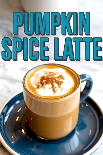 A glass mug of pumpkin spice latte topped with whipped cream and cinnamon, placed on a blue saucer with bold blue text reading “Pumpkin Spice Latte” above the mug.