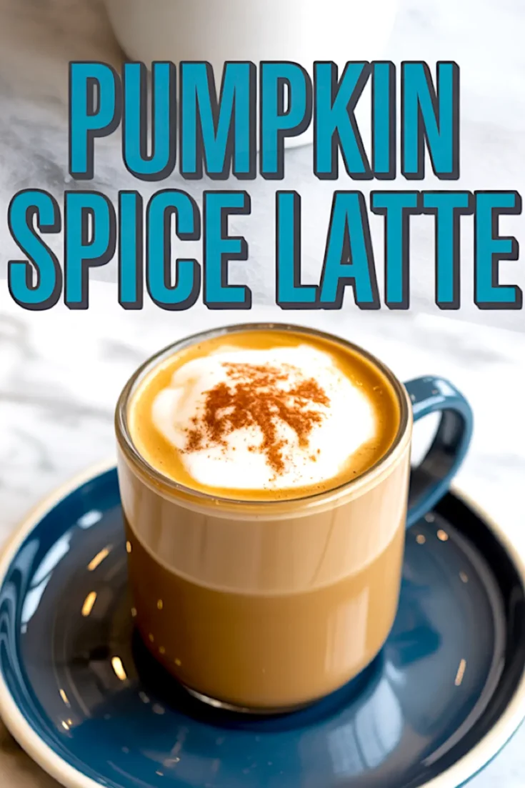 A glass mug of pumpkin spice latte topped with whipped cream and cinnamon, placed on a blue saucer with bold blue text reading “Pumpkin Spice Latte” above the mug.