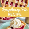 Overhead and close-up collage of a baked raspberry pie with a golden lattice crust, and a slice served on a mint green plate topped with whipped cream.