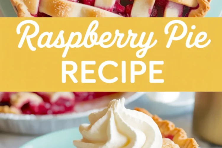 Overhead and close-up collage of a baked raspberry pie with a golden lattice crust, and a slice served on a mint green plate topped with whipped cream.