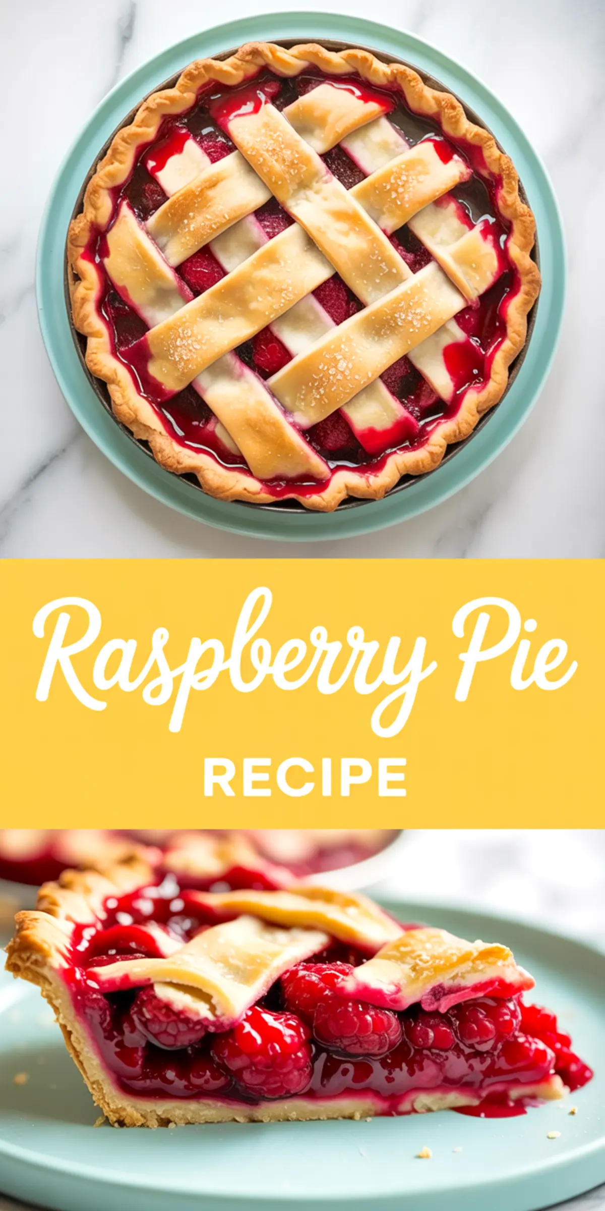 Collage image showing a full lattice-topped raspberry pie with glossy filling, and a close-up of a slice on a blue plate revealing layers of baked raspberry filling and flaky crust.