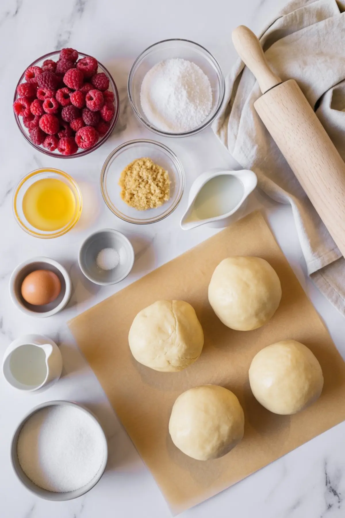 Flat lay of raspberry pie ingredients on a marble surface, featuring fresh raspberries, granulated sugar, brown sugar, egg, milk, flour, salt, lemon juice, butter, and four dough balls on parchment paper beside a wooden rolling pin and beige linen.