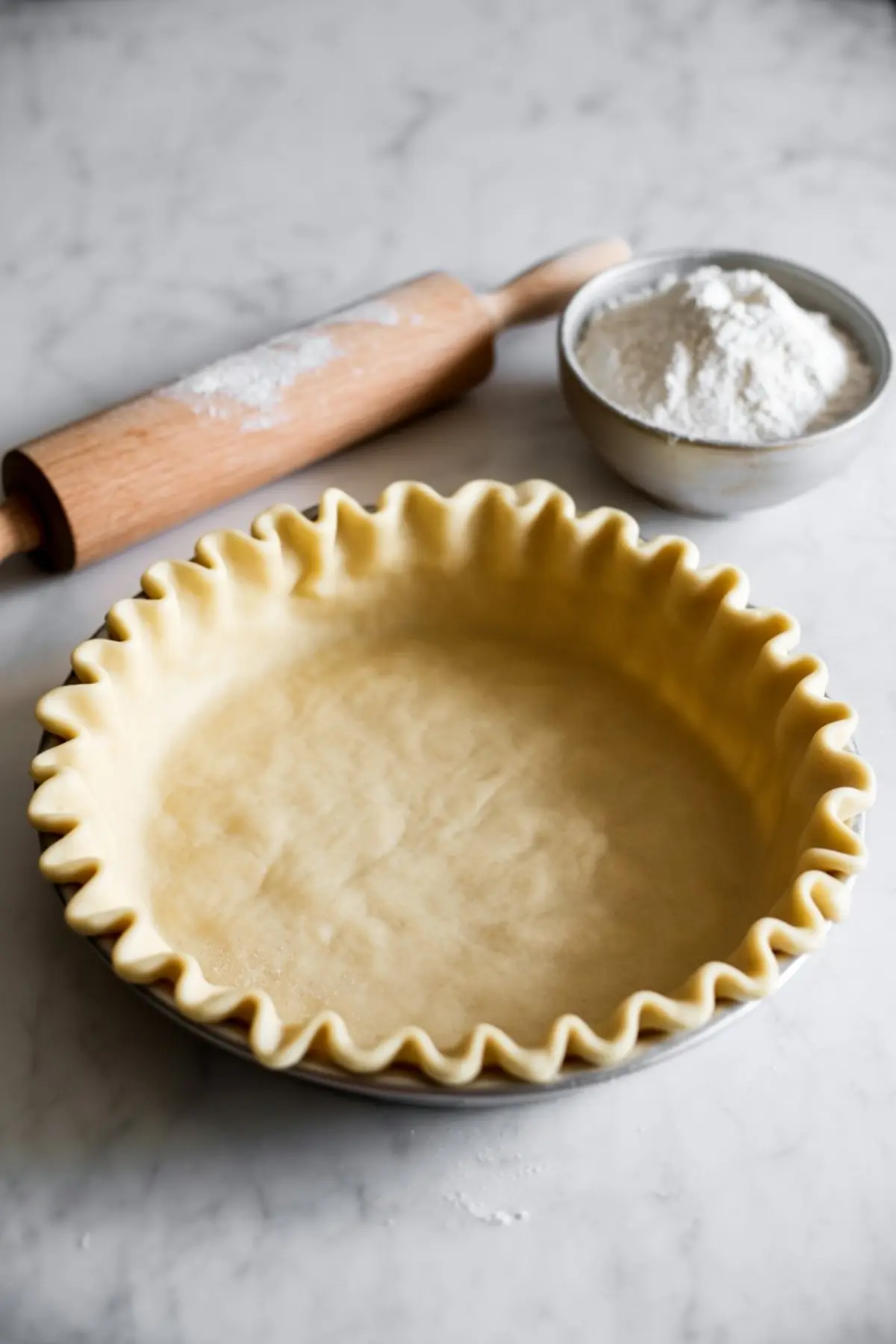 Unbaked pie crust in a fluted metal pie dish on a marble countertop, with a wooden rolling pin dusted with flour and a small bowl of all-purpose flour nearby.