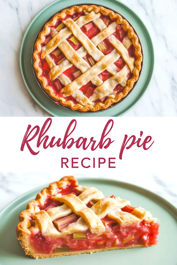 Rhubarb pie collage with a full pie on a green plate and a close-up of a thick slice showing soft rhubarb filling and flaky crust.