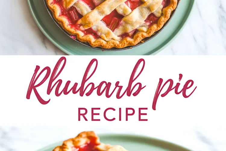 Rhubarb pie collage with a full pie on a green plate and a close-up of a thick slice showing soft rhubarb filling and flaky crust.