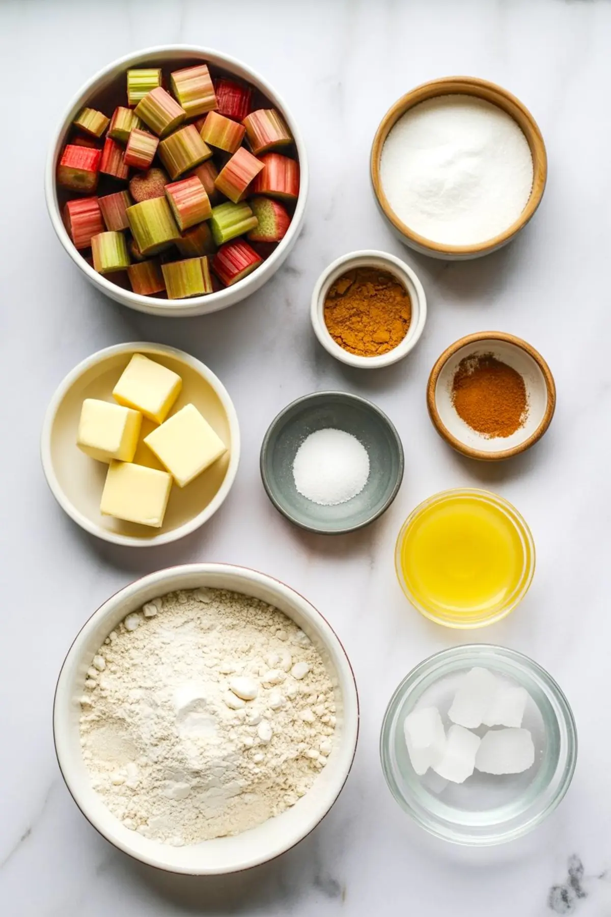 Overhead view of rhubarb pie ingredients including chopped rhubarb, flour, butter cubes, sugar, spices, salt, lemon juice, and ice water in bowls on a white surface.