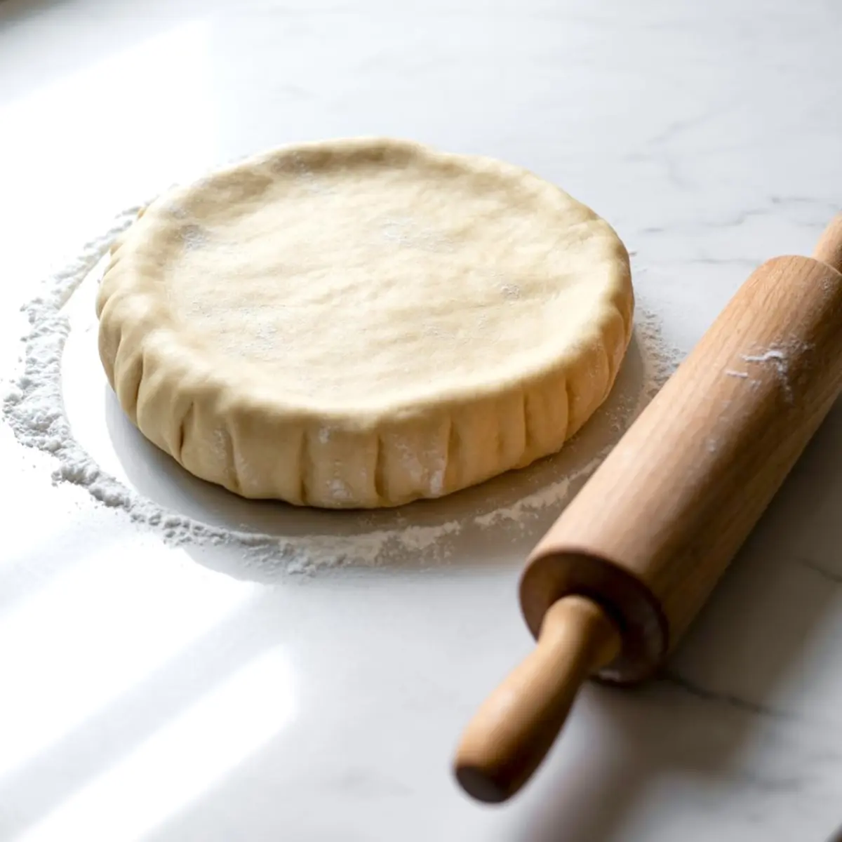Round pie dough sealed with crimped edges on a floured white marble surface, next to a wooden rolling pin.