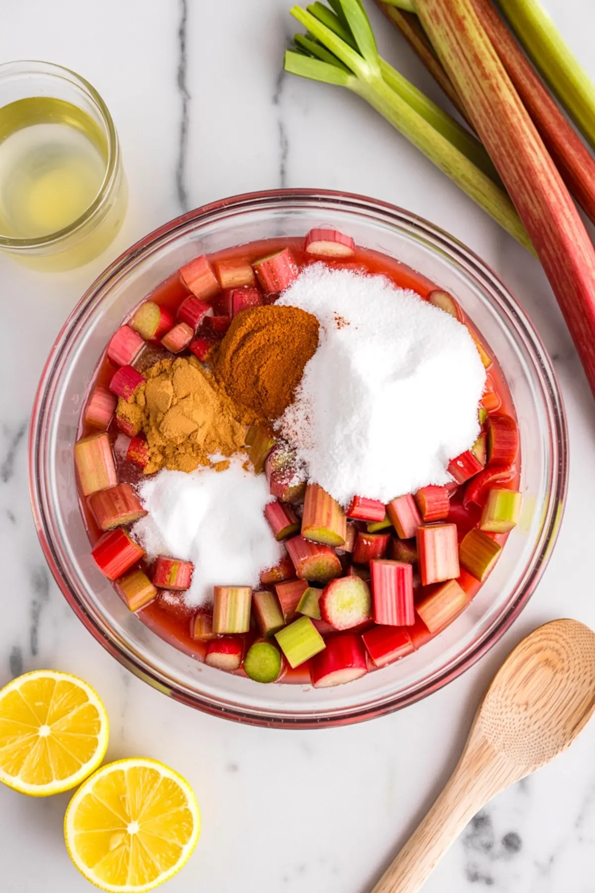 Mixing bowl with chopped rhubarb, sugar, cinnamon, and spices, surrounded by rhubarb stalks, lemon halves, lemon juice, and a wooden spoon on marble.