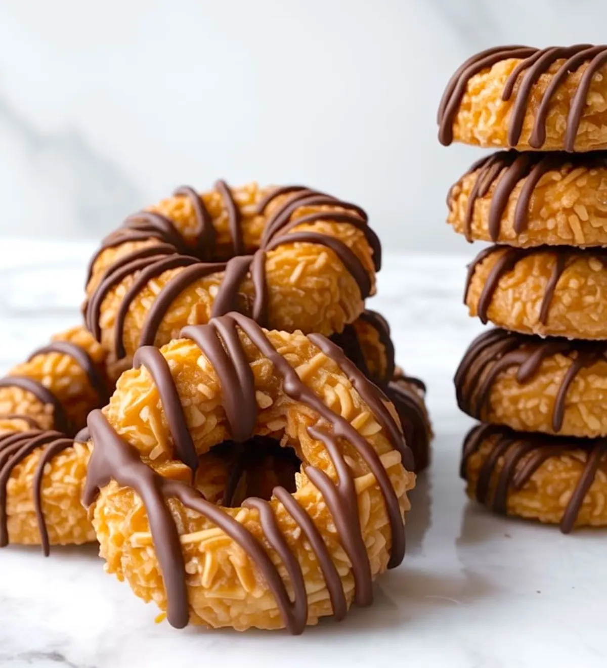 Side view of stacked Samoas cookies with caramel coconut topping and chocolate drizzle, arranged on a marble surface with visible texture and detail in the cookie layers.